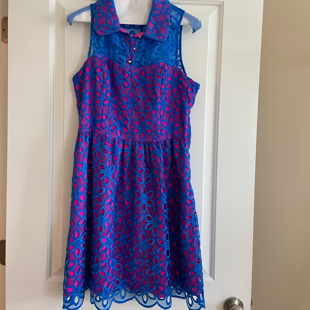 Lilly Pulitzer Pemberton Dress, blue and pink eyelet